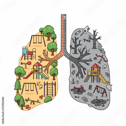 Conceptual illustration of lung health, comparing a vibrant playground in a clean environment to a desolate, polluted wasteland