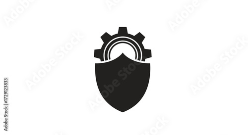 Technical safeguard emblem with black cogwheel in shield for industrial cybernetics