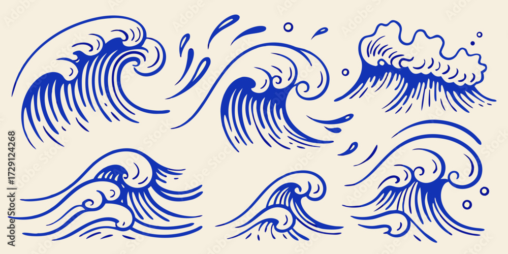 Fototapeta premium Set of stylized blue ocean waves and water splashes in a minimalist japanese art style
