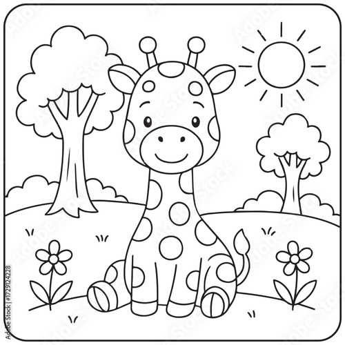 A friendly, spotted cartoon giraffe sitting in a sunny savanna landscape with trees and flowers. A simple outline for a children's fun coloring page or book activity.