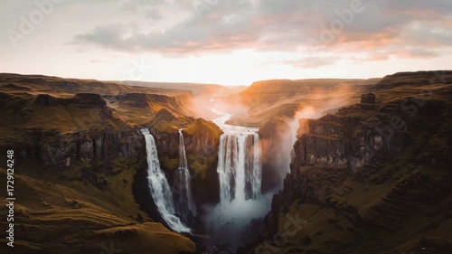 Tugela Falls, South Africa Dramatic Tugela Falls plunging from the Drakensberg mountains, layered cliffs and golden evening light, ultra-detailed photography