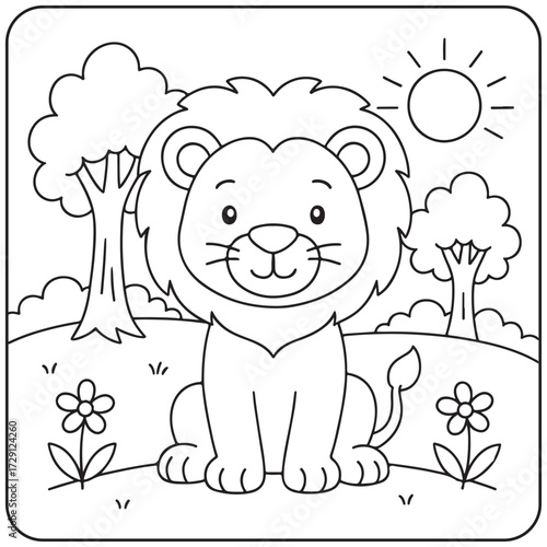 A simple, cute, cartoon lion with a big mane, smiling in a savanna landscape with trees, flowers, and a sun. Perfect outline for a children's coloring page.