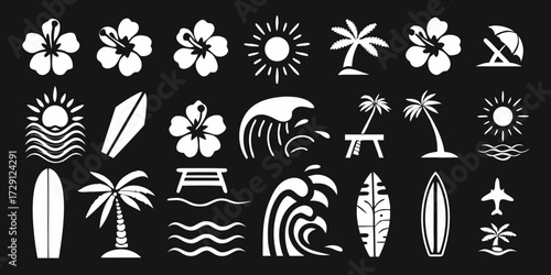 Collection of tropical beach and summer vacation icons including hibiscus flowers palm trees and ocean waves
