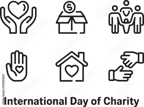 International Day of Charity line art icons set, donation, volunteer work, giving aid symbols