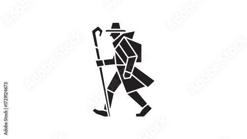 Intriguing geometric silhouette of a traveler with cane and hat, ideal for branding, logo design, or creative projects evoking adventure and classic style with a modern twist