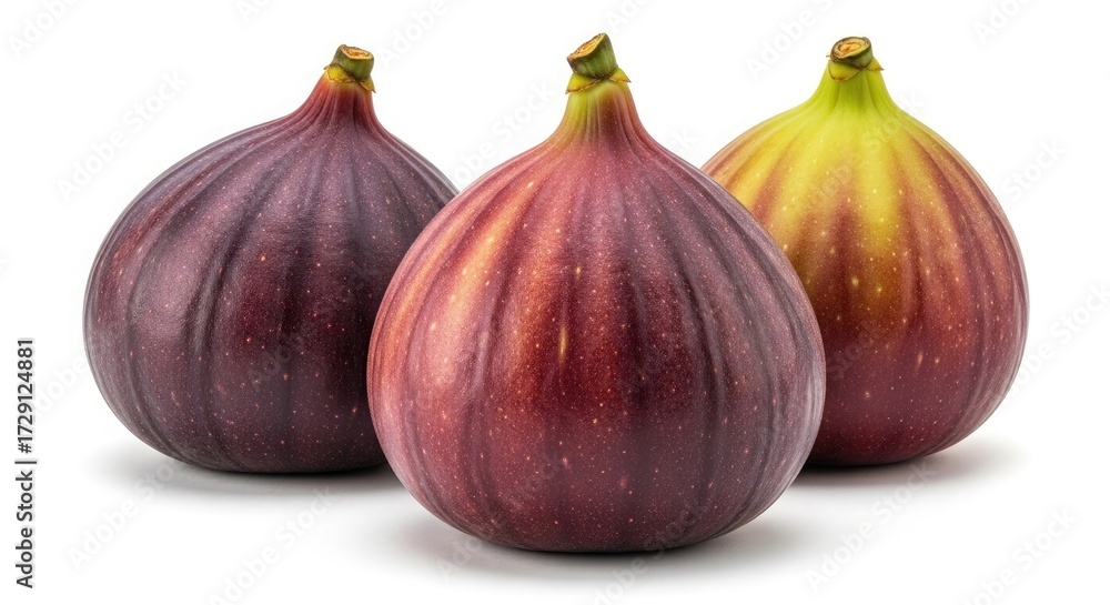 Fototapeta premium Three Ripe Figs with Stems on White Background fruit
