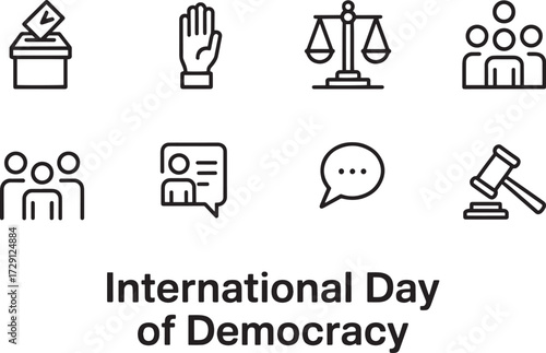 International Day of Democracy line icons set. Election, justice, community, debate symbols