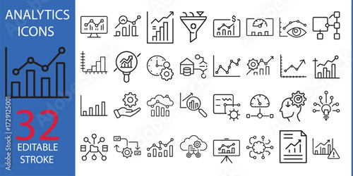 Data Analysis Line Icons. Editable Stroke. Pixel Perfect. For Mobile and Web. Contains such icons as Analytics, Artificial Intelligence, Assessment, Big Data, Chart, Cloud Computing, Dashboard.