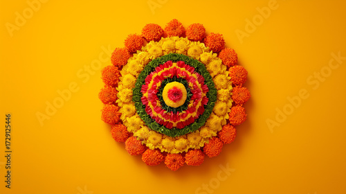 Colorful Flower Rangoli Decoration for Ayyappa Puja Festival Representing Devotion, Spiritual Energy, Hindu Tradition and Sacred Prayer Offering