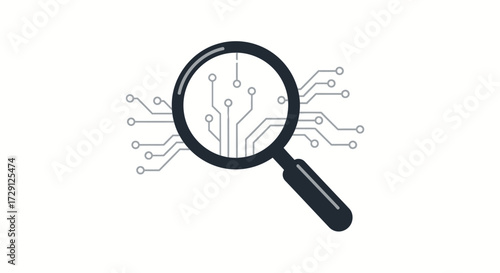 Analyzing technology trends with magnifier glass and digital circuit board representation