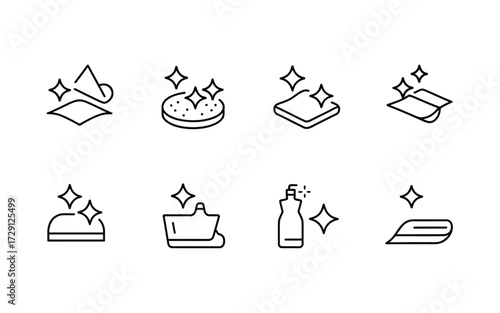 Eight minimalist line art icons representing cleaning tools and surfaces sparkle vector graphic silhouette vector illustration white background