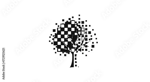 Pixelated tree with black and white squares creating a digital or fragmented design