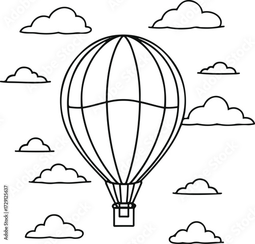Minimal hot air balloon with tiny clouds, black and white vector line art, simple outline 3