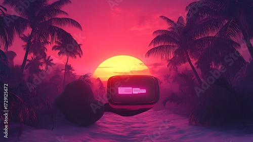 Retro 80s sunset with palm trees and a vintage television isolated on white background