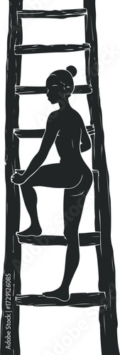 Silhouette climbing a ladder, black and white continuous line art, minimal bold outline 1
