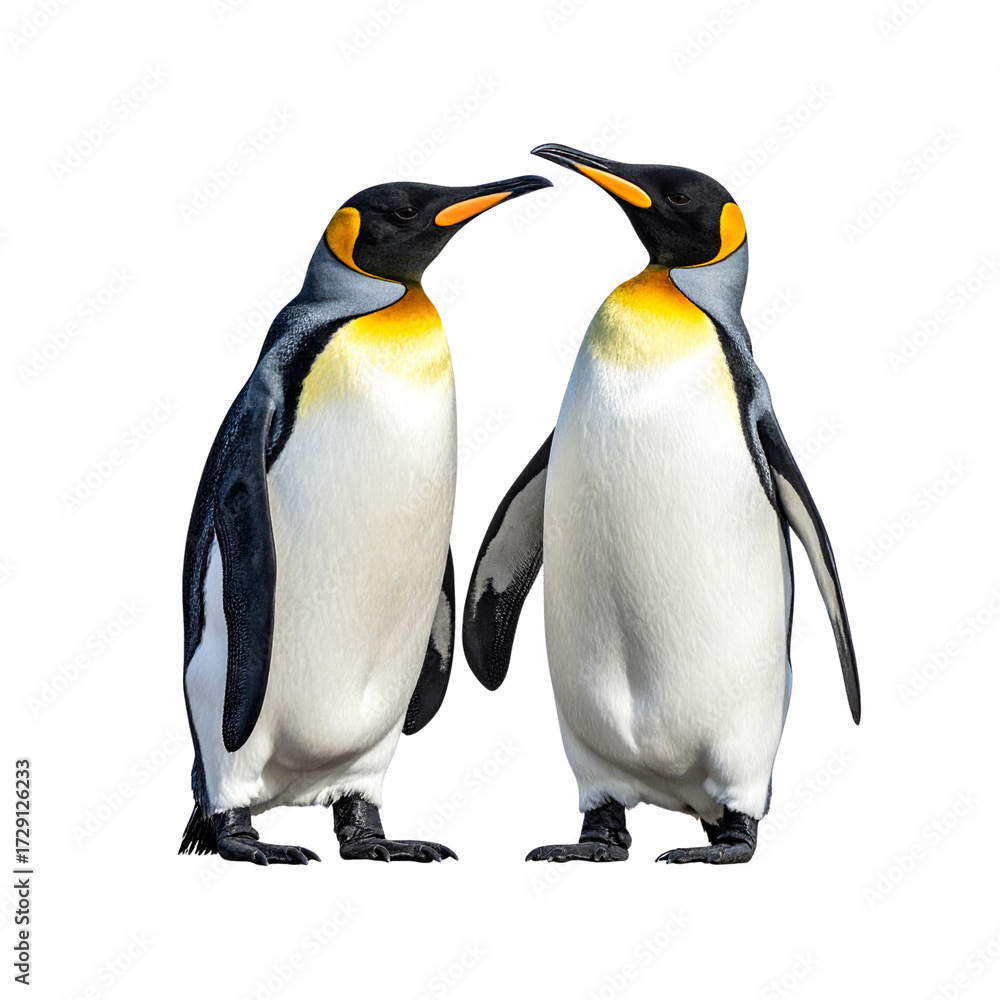 Fototapeta premium Penguin interacting Two penguins stand close together, touching or calling to each other. full length isolate on transparent background