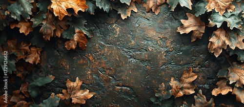 Autumn Oak Leaves Bordering Textured Rustic Stone Wall Background