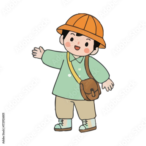 Cartoon Smiling Schoolboy with Orange Hat and Brown Bag Illustration