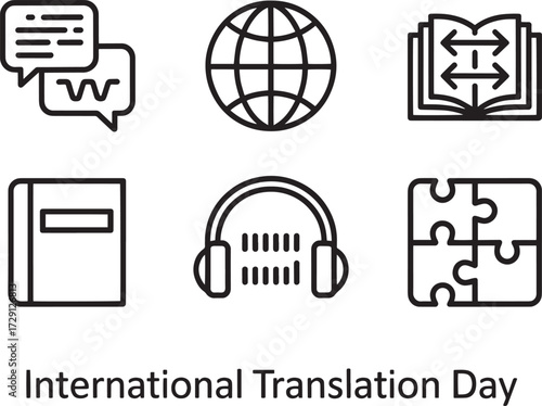 International Translation Day Icons Set Speech Bubbles Globe Book Headset Puzzle