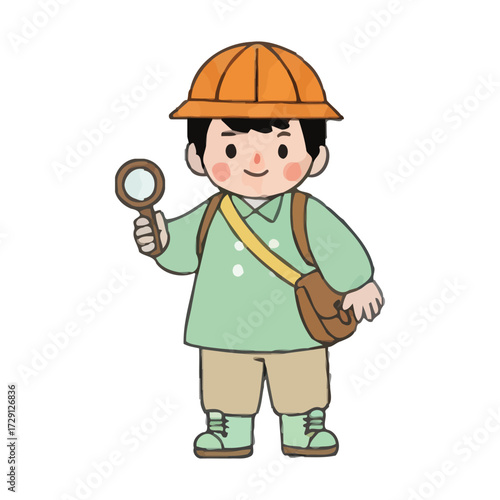 Cute Handdrawn Little Explorer with Magnifying Glass Illustration on Isolated Background