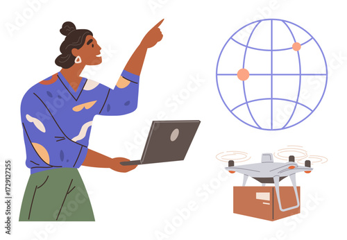 Woman holding a laptop and gesturing upwards, networked globe with connection points, delivery quadcopter carrying a box. Ideal for tech innovation, e-commerce, logistics, education, global reach