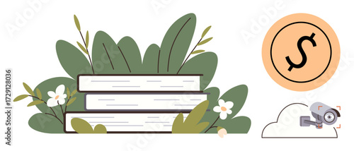Stack of books surrounded by leaves and flowers, dollar sign in a circle, and cloud with camera. Ideal for education, finance, growth, sustainability, security, technology minimal flat metaphor