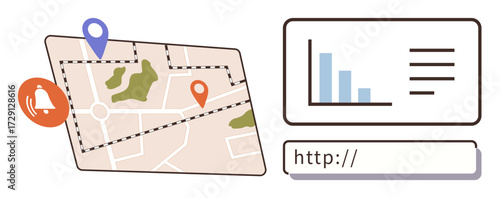 Interactive map with location markers, notification icon, data chart, and URL bar. Ideal for navigation, analytics, technology, geolocation digital tools planning and user interface. Simple flat