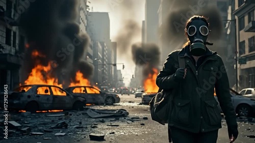 Wallpaper Mural Surviving the Apocalypse A Woman in a Gas Mask Walks Through Ruins Torontodigital.ca