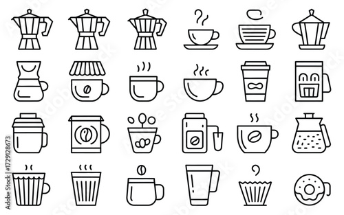 Collection of coffee icons and illustrations for brewing and serving coffee drinks silhouette vector illustration white background