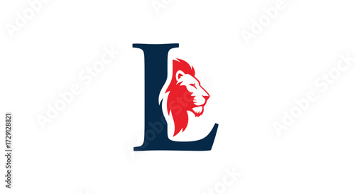 Elegant logo design featuring letter L and lion head in navy blue and red tones