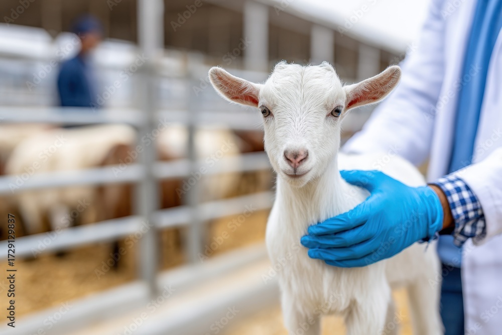 Obraz premium A white baby goat is gently held by a person in blue gloves and a lab coat at an animal farm.