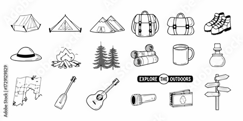 Collection of hand drawn outdoor adventure and camping icons for exploration and recreation