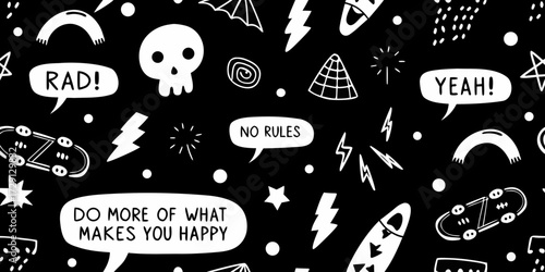 Fun black and white doodle pattern with inspirational and playful phrases and icons