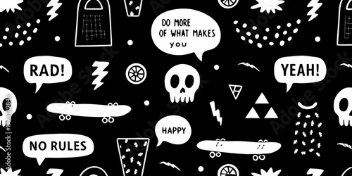 Fun black and white doodle pattern with skulls skateboards lightning bolts and motivational speech bubbles