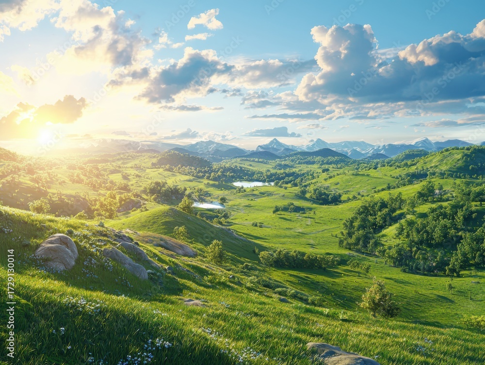 Obraz premium Sunrise over lush green hills scenic nature landscape serene environment wide-angle view