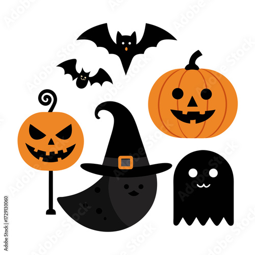 Cute halloween characters with pumpkins and witch hat on black background halloween, pumpkin, jack o lantern, witch hat, cute, cartoon, character, illustration