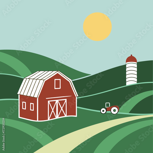Charming red barn and silo on rolling green hills under a bright sun farm, barn, silo, tractor, countryside, rural, agriculture, landscape, nature, summer