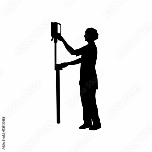 Silhouette of caretaker adjusting automatic pet feeder isolated on white background
