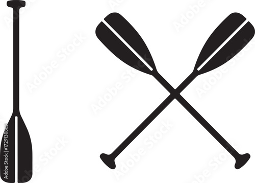 Black silhouette of a single oar and two crossed oars on a white background paddle canoe
