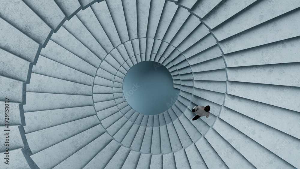 Naklejka premium Man Climbing Spiral Staircase from Above Symbolizing Growth and Success - 3D Render