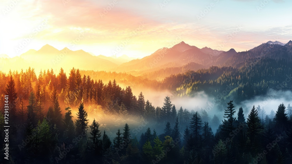 Fototapeta premium Majestic sunrise over misty forest mountains nature landscape scenic viewpoint peaceful environment