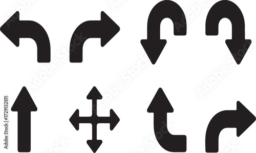 Eight Black Silhouette Arrows Pointing in Various Directions on White Background pointer navigation