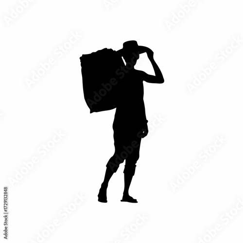 Silhouette of a farmer carrying a sack of chicken feed isolated on white background