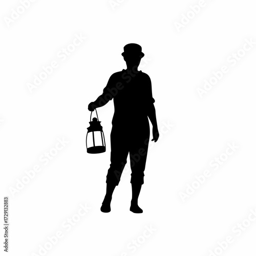 Silhouette of caretaker with lantern on night patrol isolated on white background