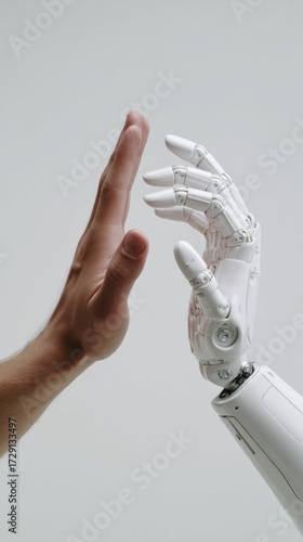 Minimalist photo of a human man hand giving a high five to a robotic hand on white background. Concept for AI, teamwork, business collaboration, technology, future innovation, and partnership.