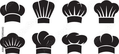 Eight Black Silhouettes of Chef Hats in Two Rows on White Background cook culinary