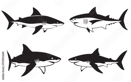 Set of Shark Silhouettes in Different Poses