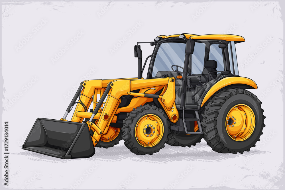 Fototapeta premium Wheel loader, heavy construction truck with large wheels and front mounted bucket to scoop, lift and transport materials