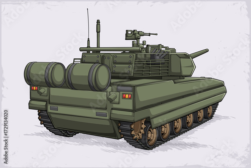 Hand drawn military tank, heavy armored, tracked combat vehicle for firepower, protection, mobility on battlefield