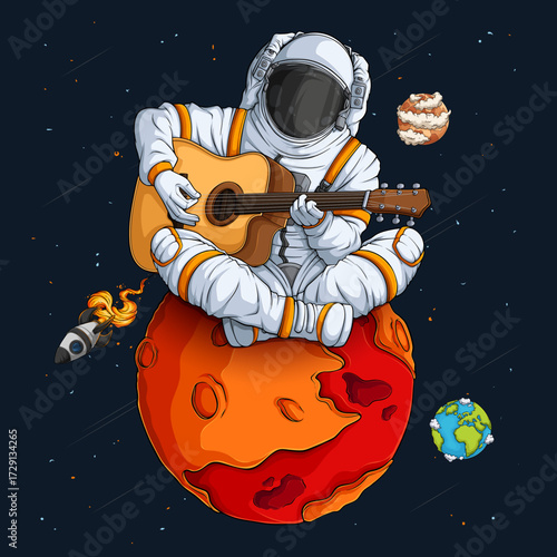 Hand-drawn astronaut in space suit sitting on Mars surface, playing guitar. Creative cosmic illustration with detailed space and musical theme.